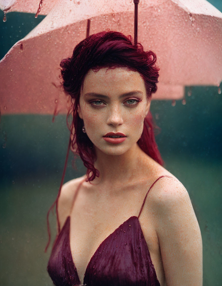 Red-haired woman in purple dress with pink umbrella in the rain