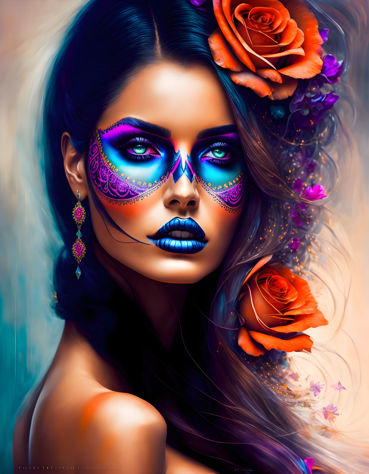 Colorful woman portrait with blue and purple face paint and orange roses on turquoise background