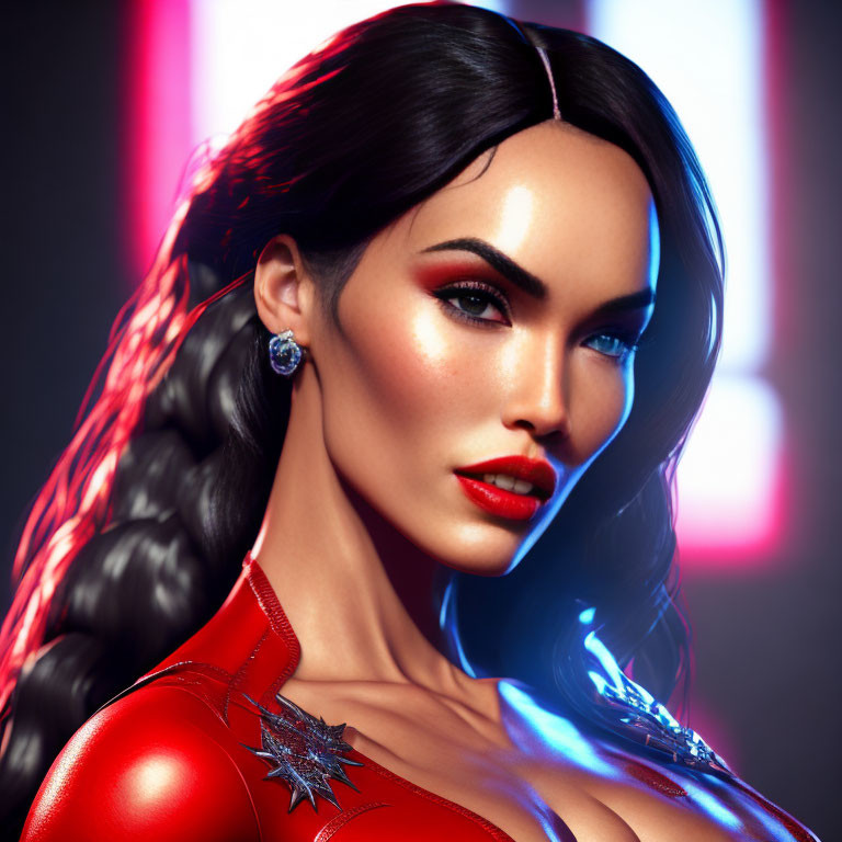 3D rendered portrait of woman with red makeup and braided hair