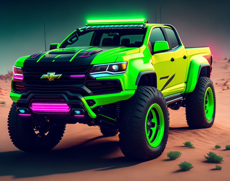 Custom Bright Green Chevrolet Pickup Truck with Oversized Tires in Desert Landscape