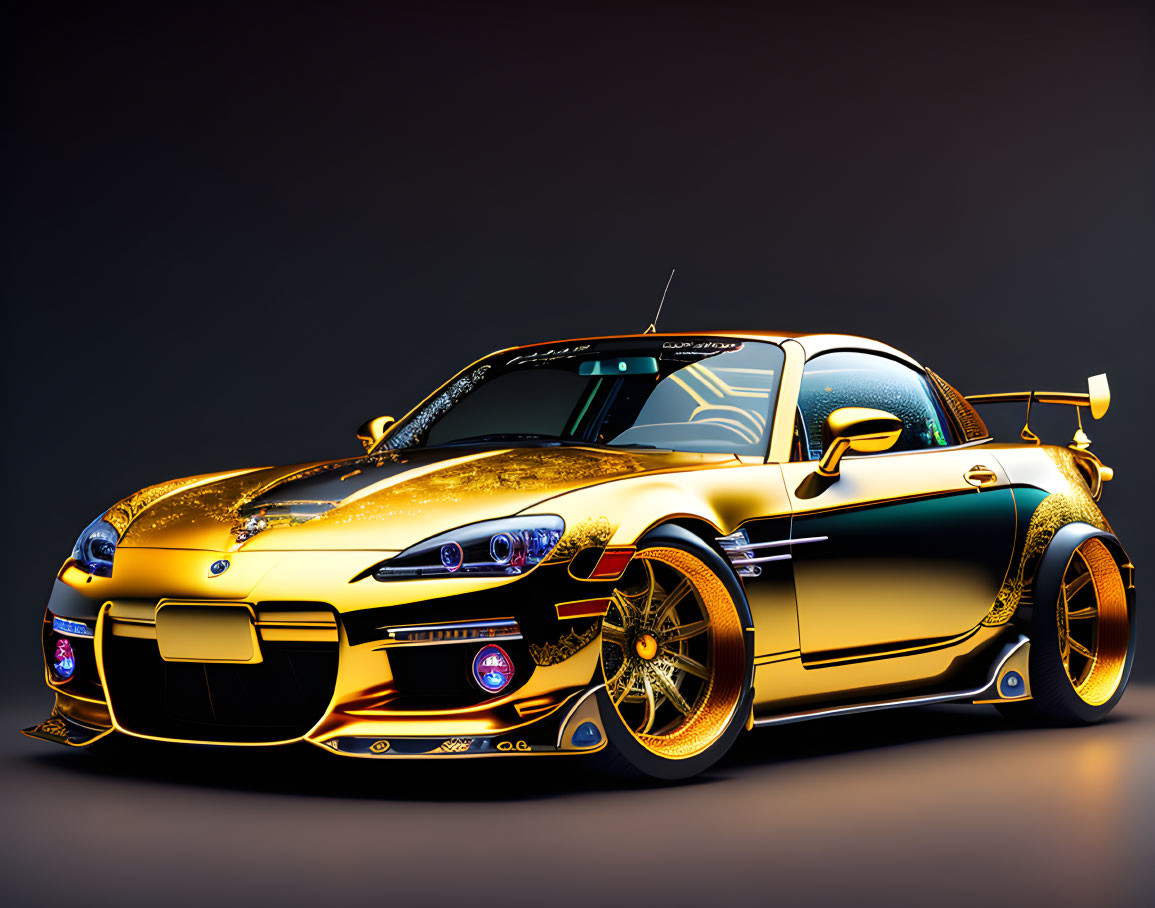 Shiny golden sports car with custom bodywork and wheels in dramatic lighting