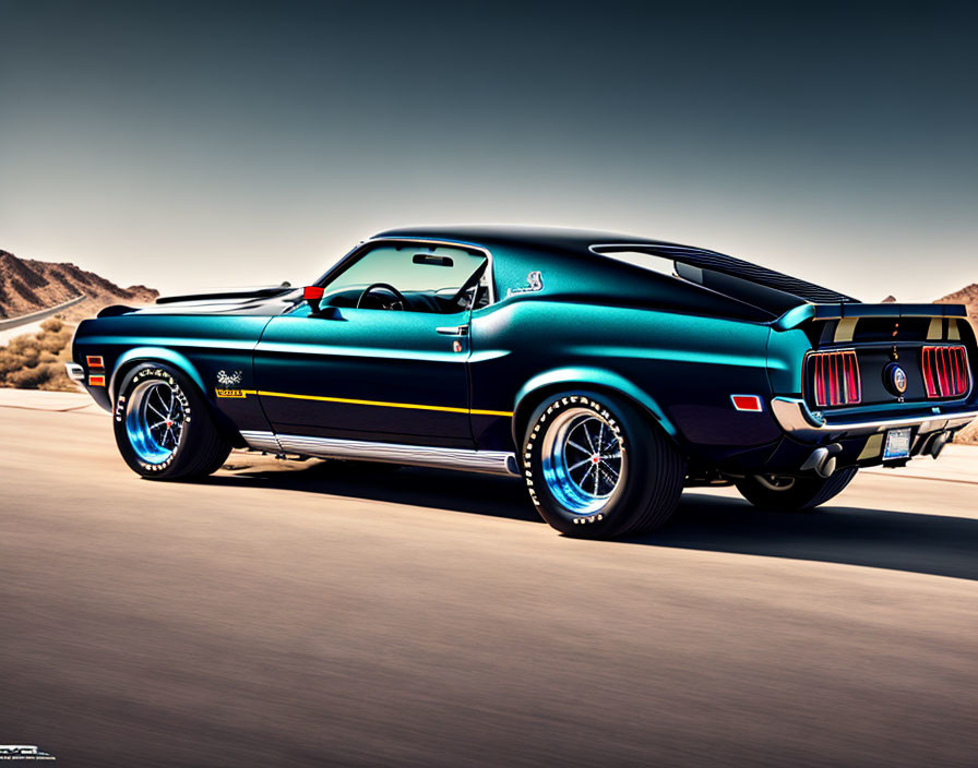 Blue Classic Muscle Car with Racing Stripes on Sunny Desert Road