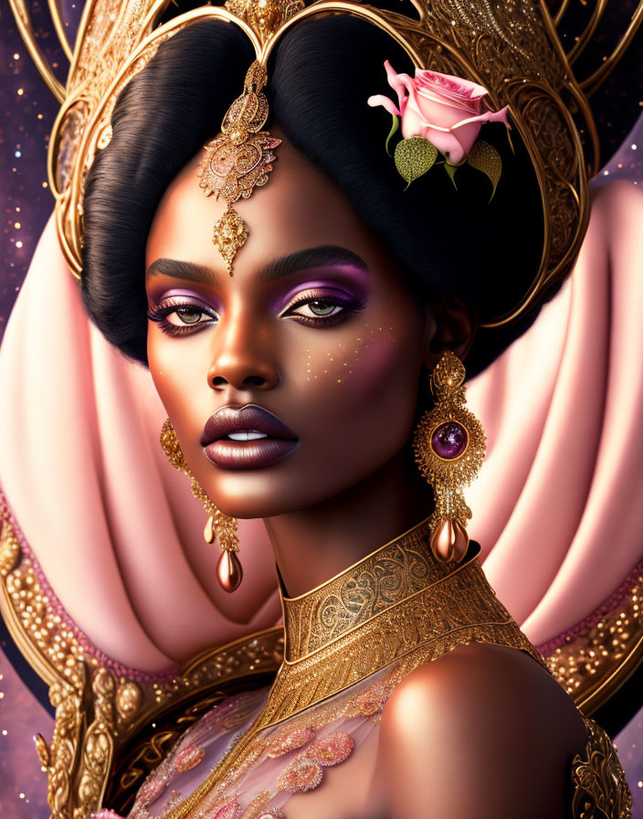 Dark-skinned woman in regal attire with gold jewelry and headdress.