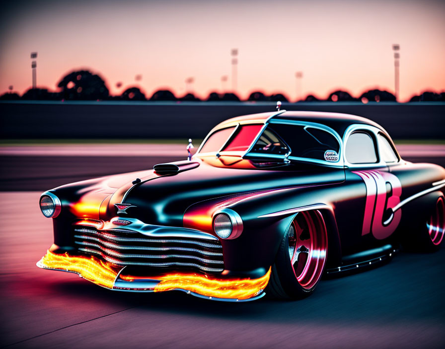 Custom vintage car with flames on racetrack: vibrant colors, sleek bodywork