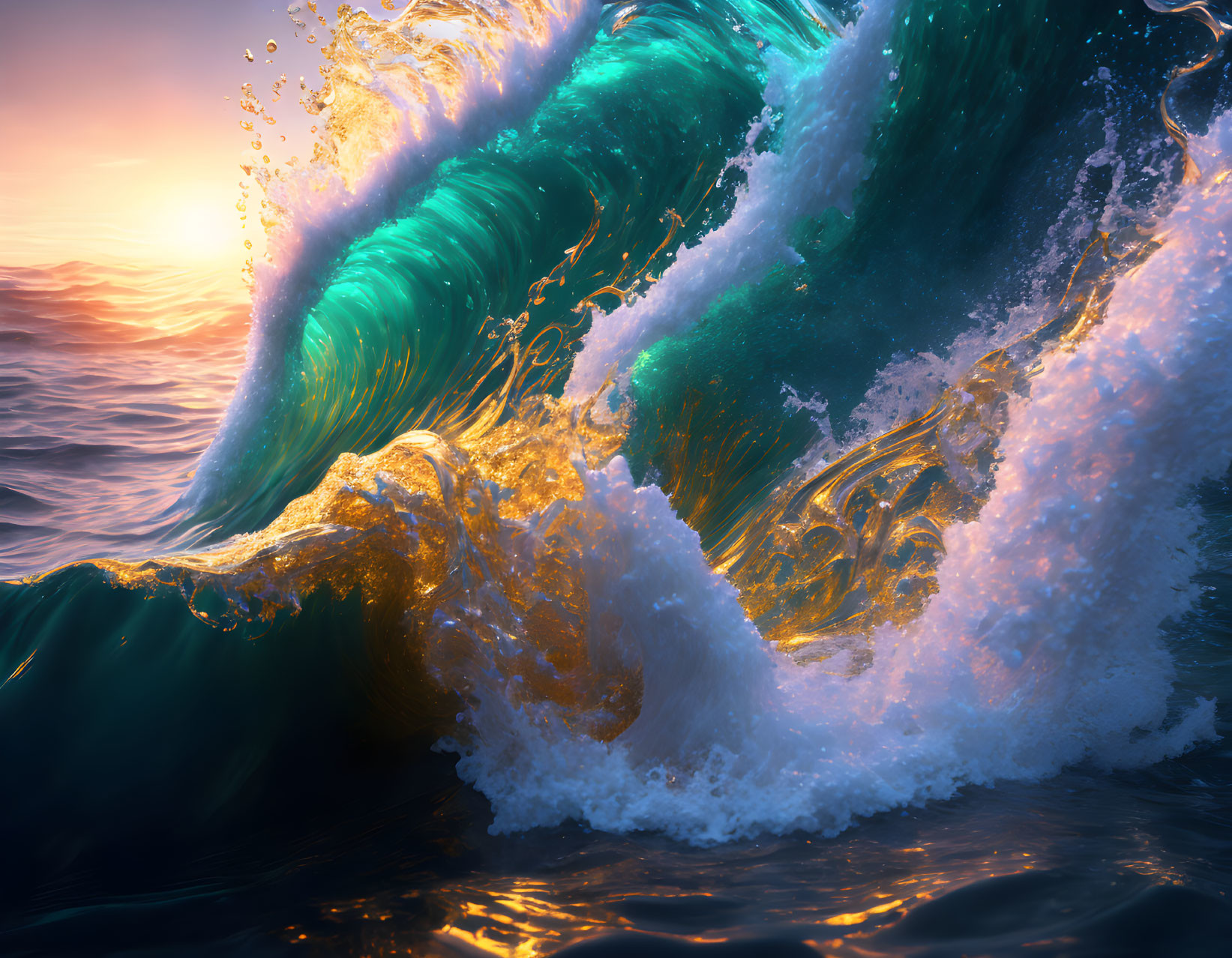 Cresting ocean wave with foam under setting sun