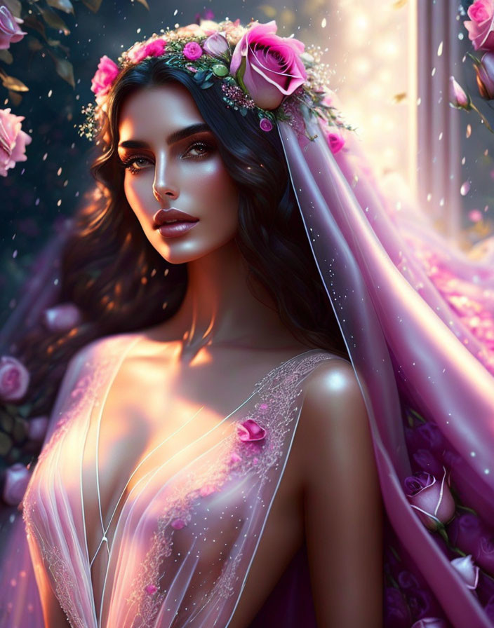 Digital artwork of woman in floral crown and rosy gown surrounded by blossoms.