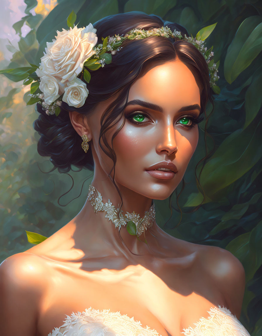 Illustration of woman with green eyes, white floral hairpiece, delicate necklace, leafy backdrop