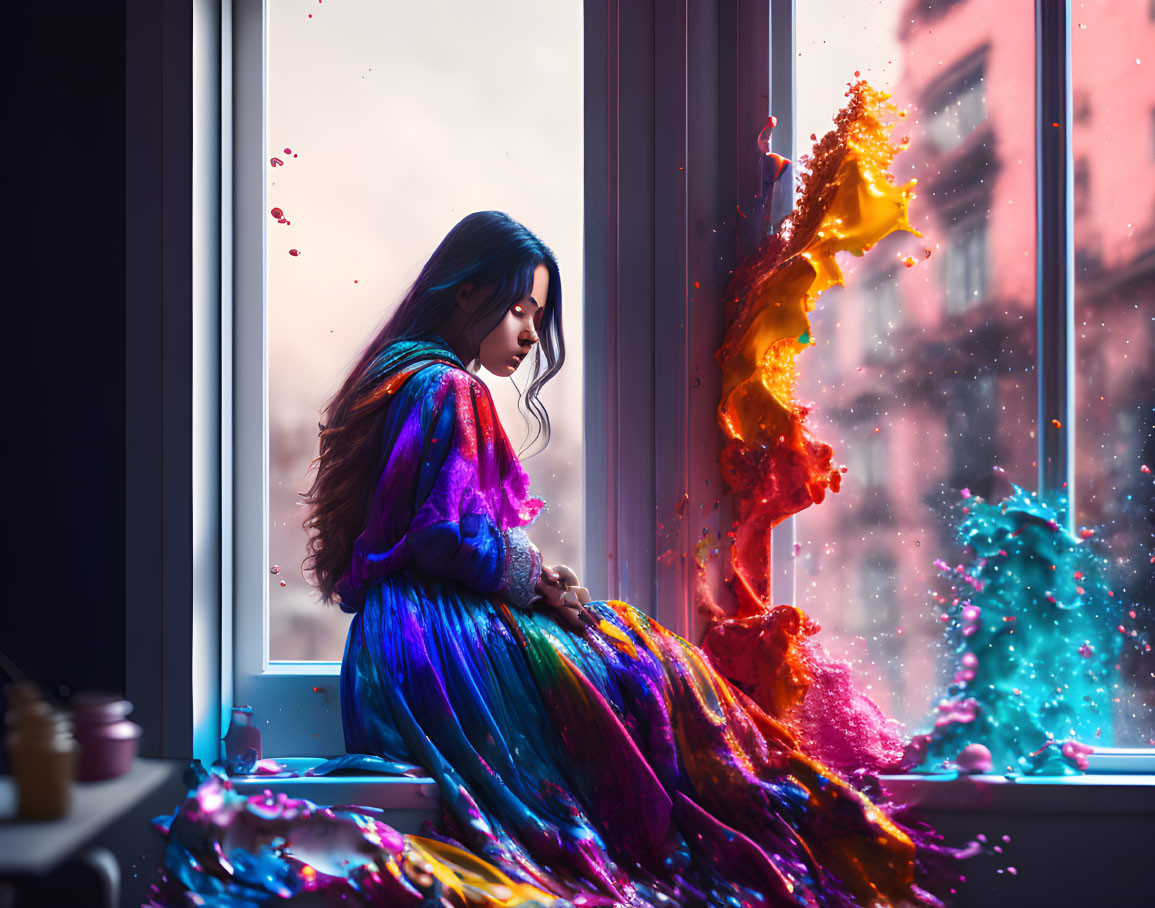 Woman sitting by window with vibrant color splash cascading over her and glass