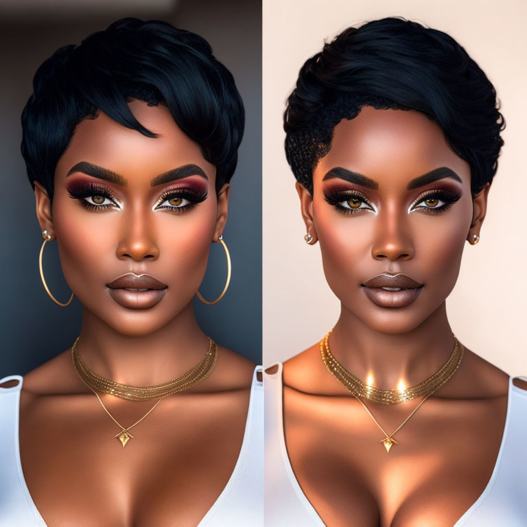 Two portraits of a woman with short black hair, bold makeup, gold earrings, and delicate necklace.