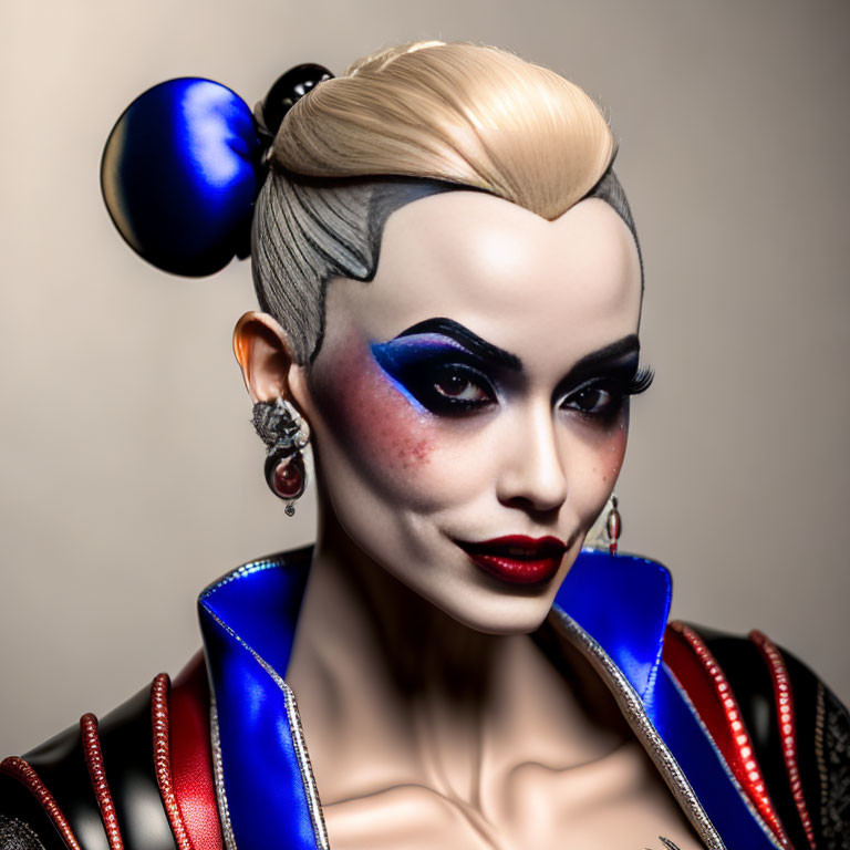 Person with futuristic makeup: Bold red lips, blue eyeshadow, monochromatic hairdo.