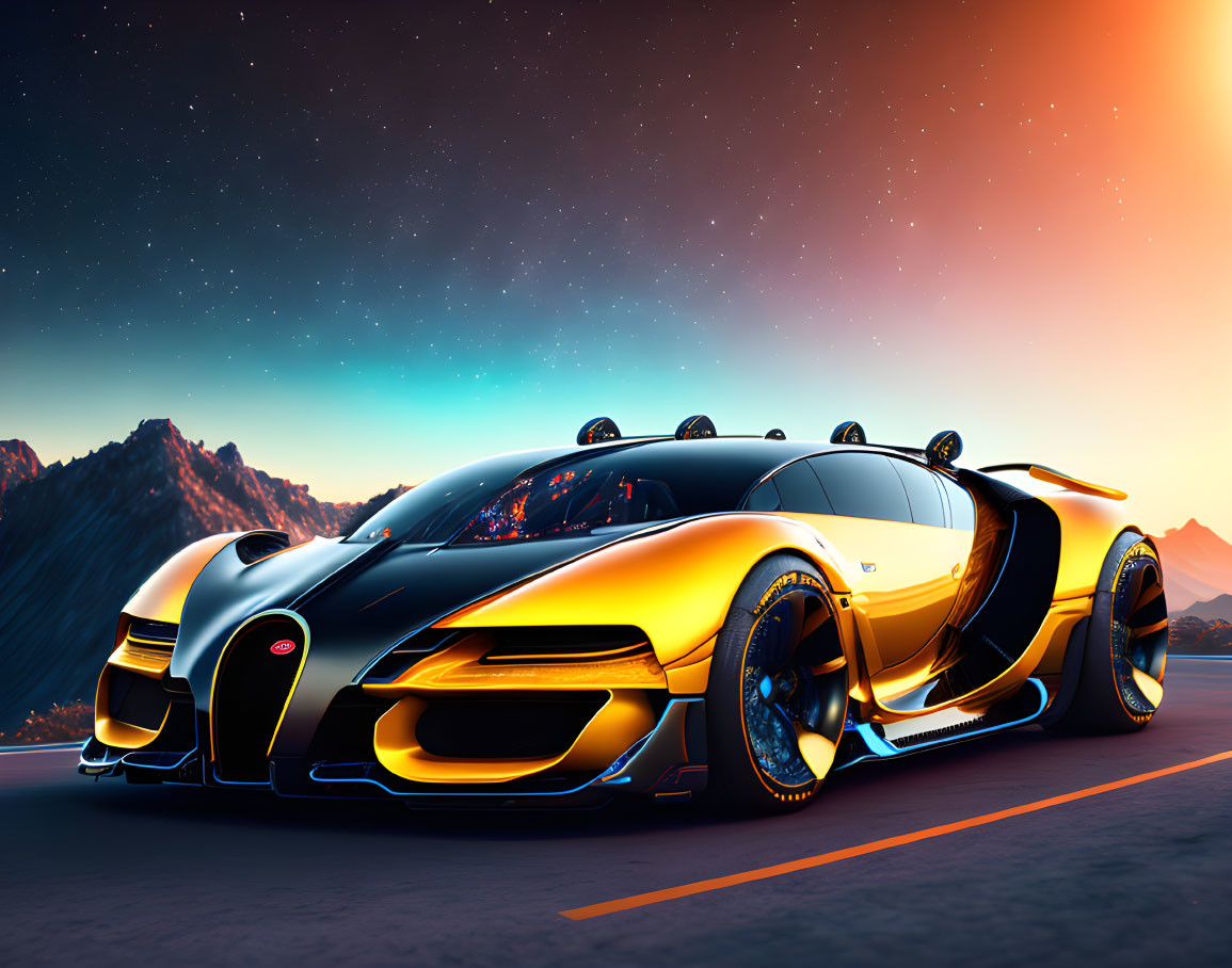 Futuristic golden-black car on road at sunset with mountains