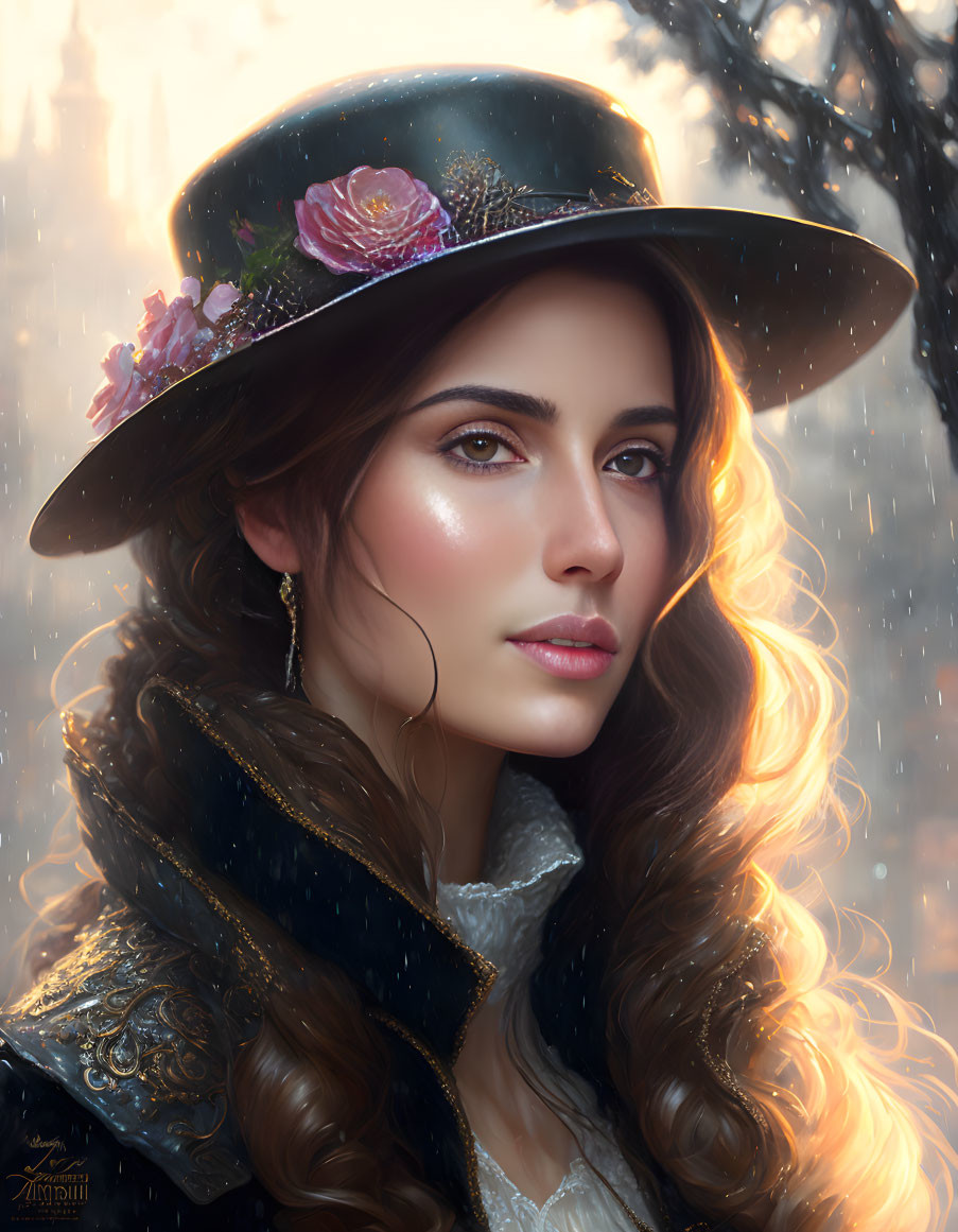 Stylized portrait of woman with wavy hair and floral hat in snowy backdrop