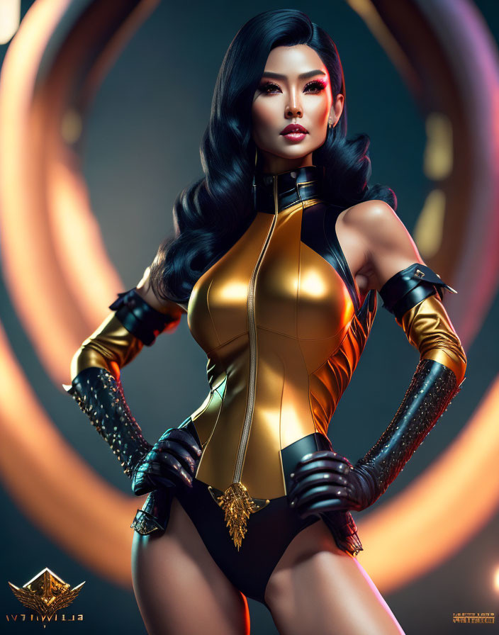 Futuristic digital artwork of confident woman in gold and black bodysuit