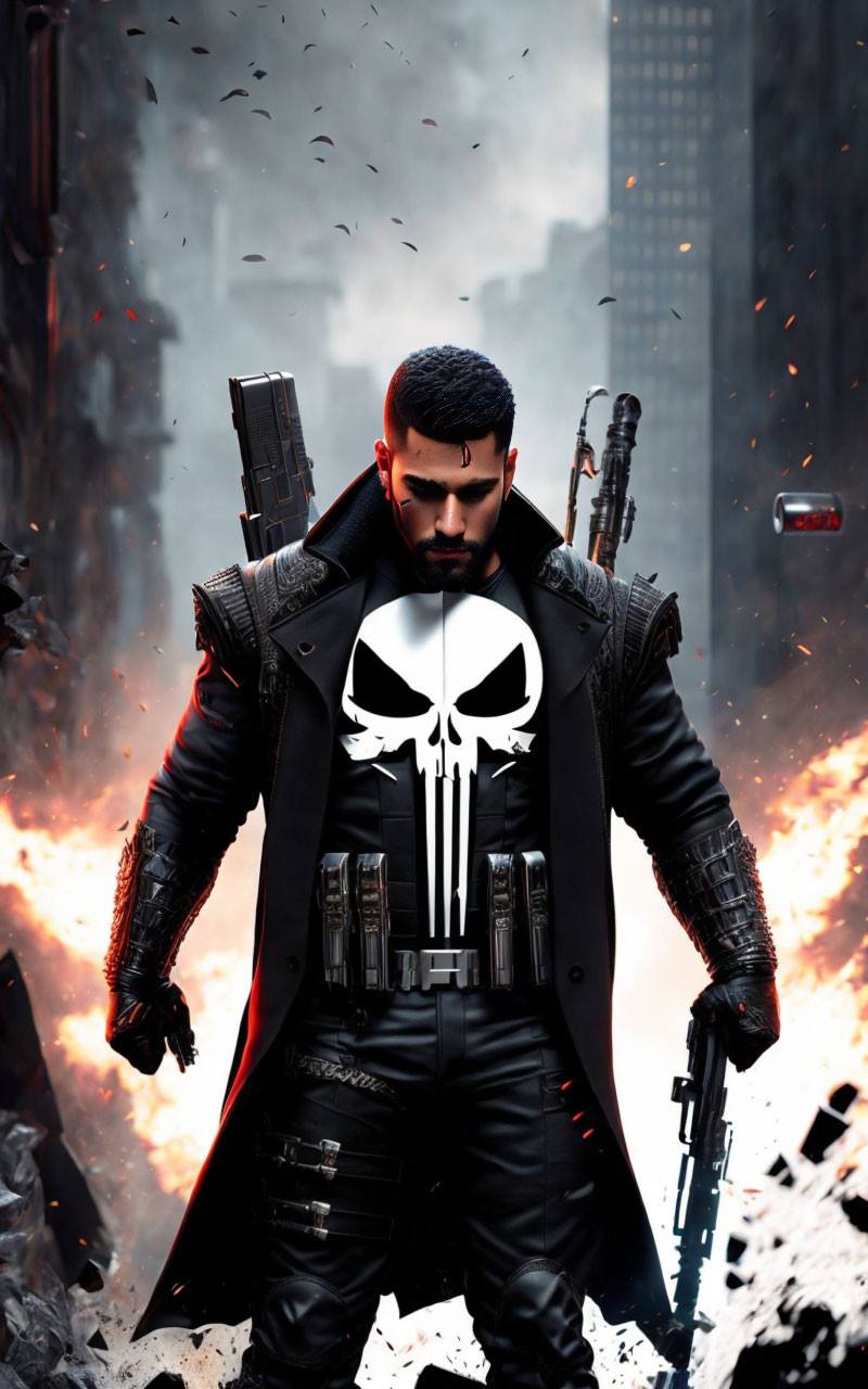 Man in black tactical outfit with skull emblem amid chaos and fiery destruction.