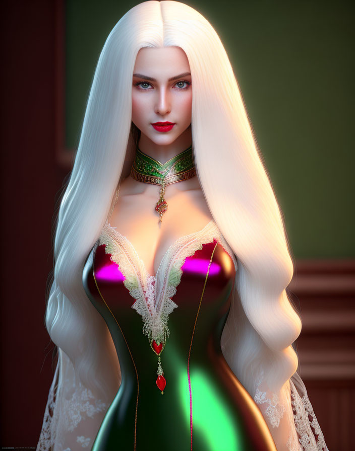 3D-rendered image of woman with white hair, blue eyes, in green and purple corset