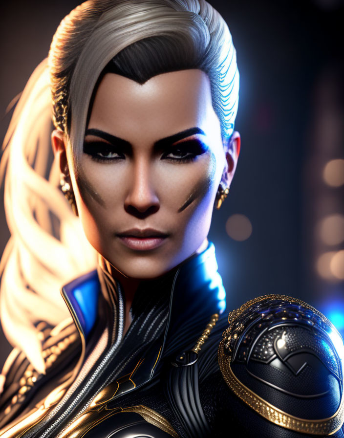 Futuristic 3D-rendered woman with sharp features and detailed glove