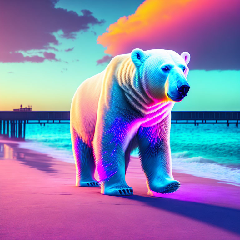 Colorful Polar Bear Walking on Beach at Sunset with Pier and Sky