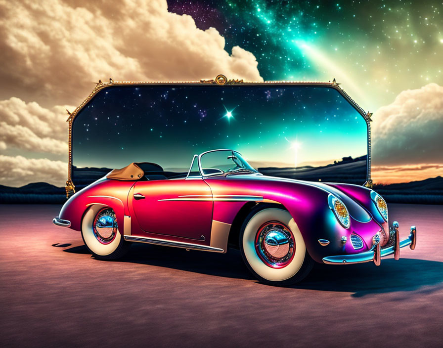 Vintage Convertible Car Against Starry Night Sky and Surreal Landscape with Golden Mirror Frame