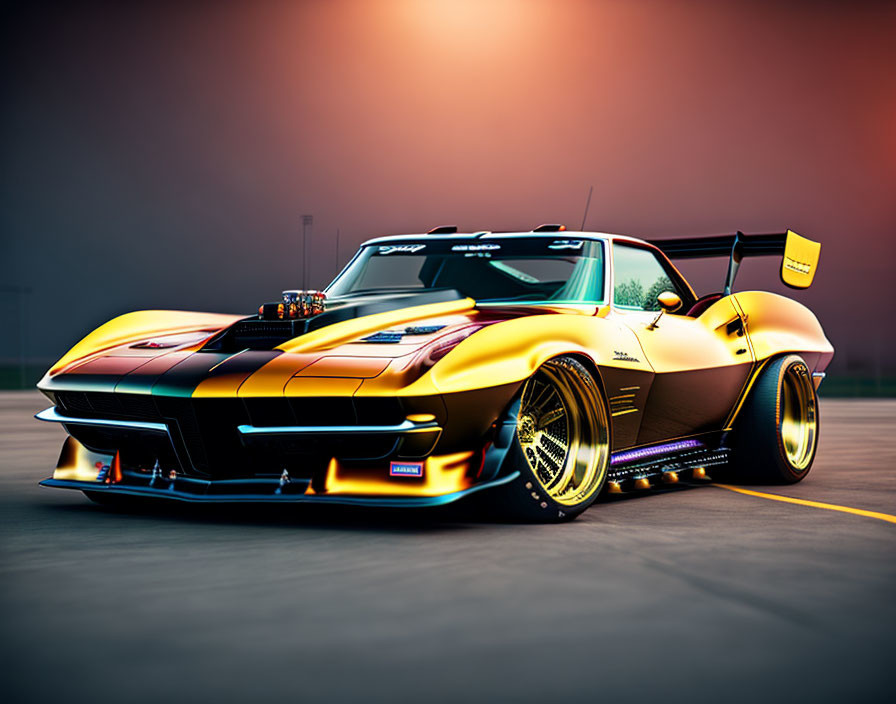 Vintage Corvette with Black & Gold Color Scheme, Widebody Kit, and Rear Wing