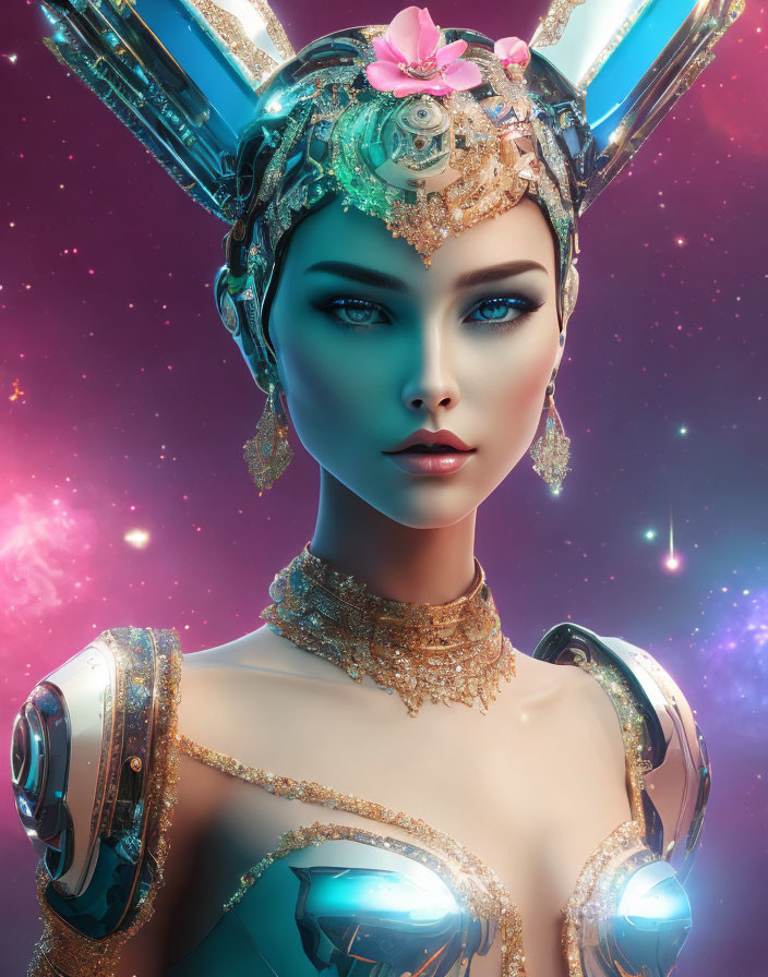 Female Android Portrait with Elaborate Headgear and Cosmic Background