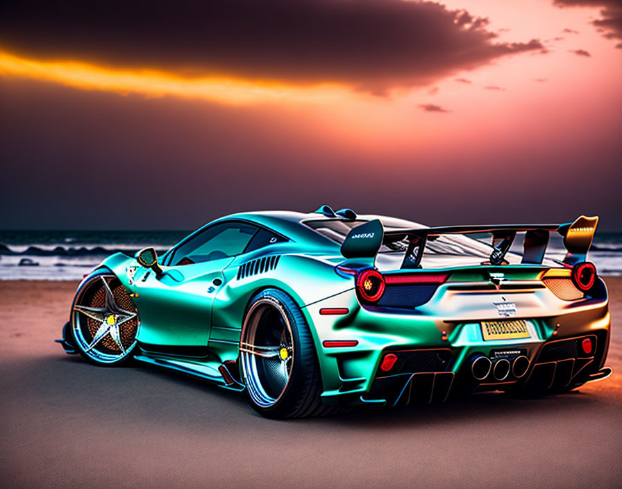 Turquoise Sports Car with Black Accents and Rear Spoiler on Beach at Sunset