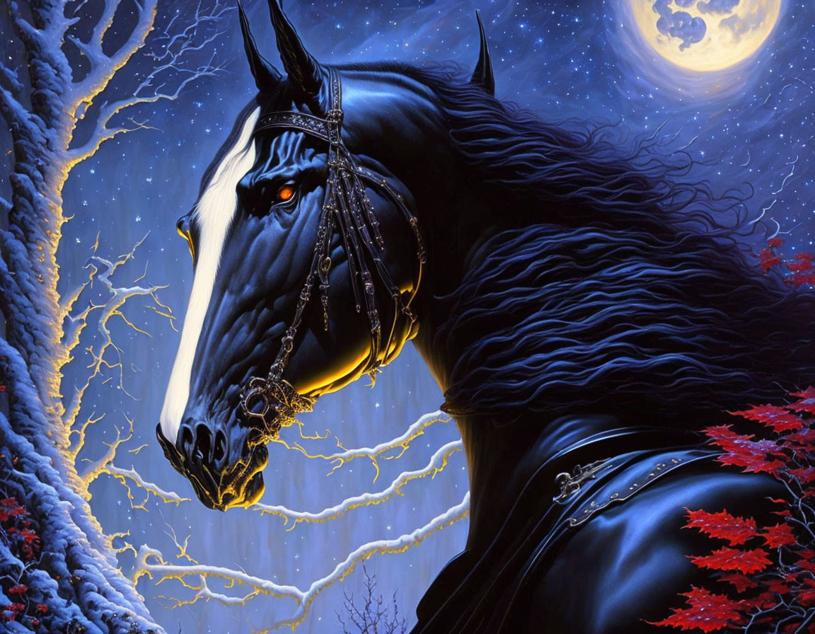 Majestic black horse under moonlit sky with snow-covered trees