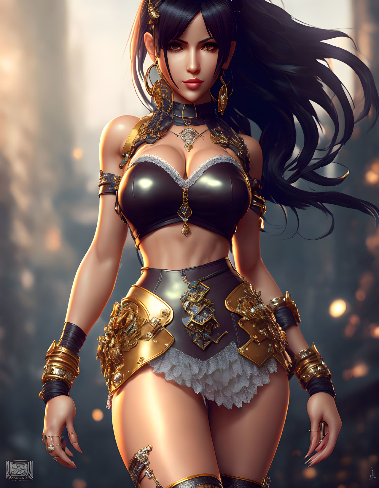 Woman in Fantasy Armor with Black Hair in 3D Illustration