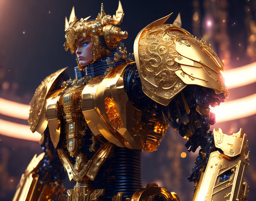 Detailed digital artwork: Fantasy armored warrior in intricate gold and metal armor