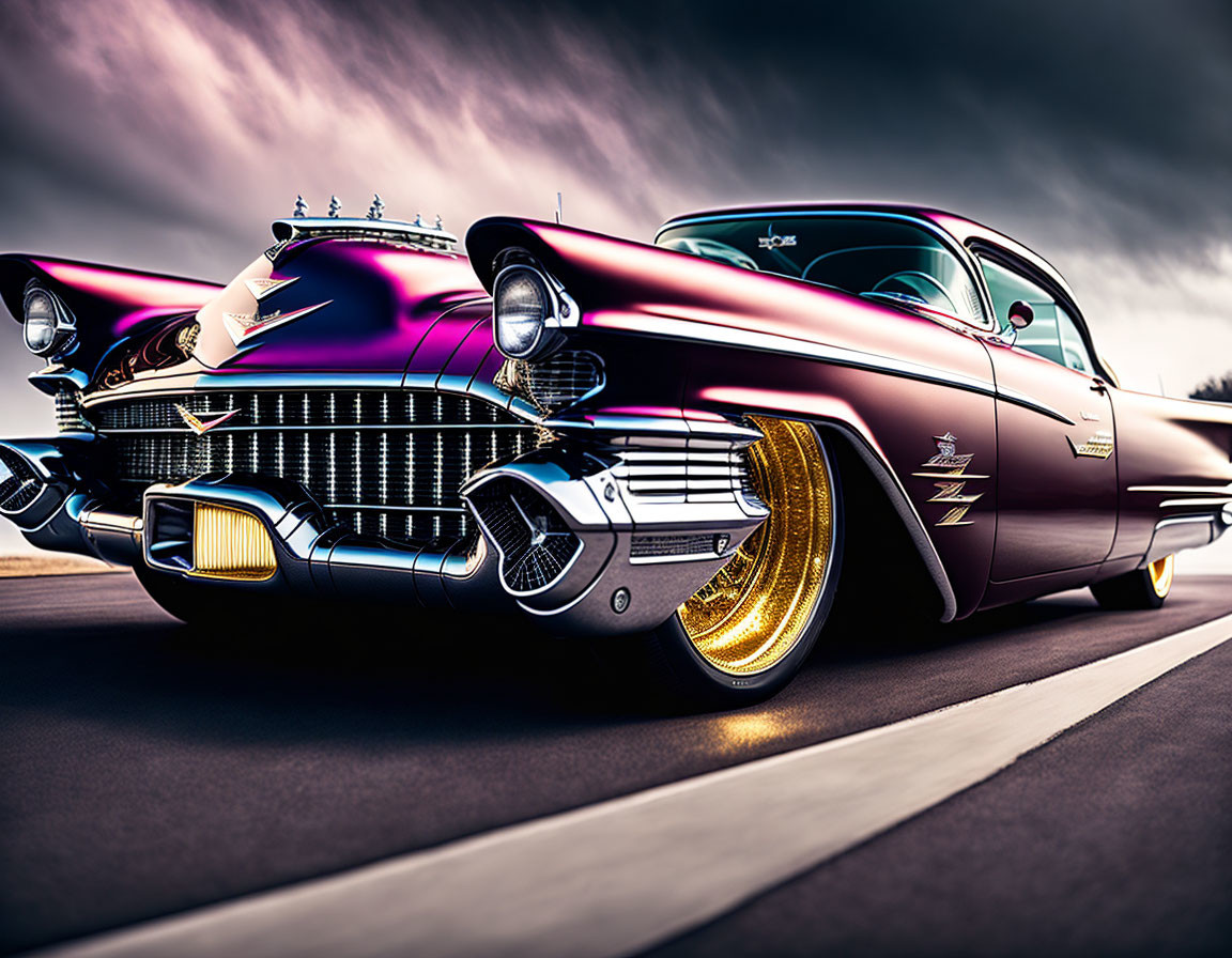 Classic Purple Cadillac on Road with Dramatic Sky & Chrome Details