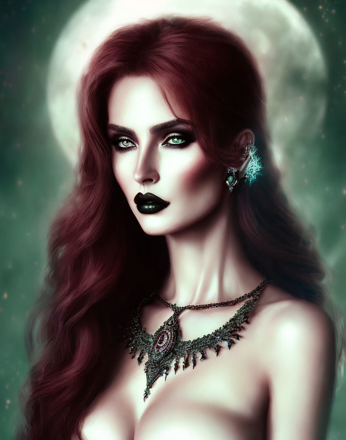 Digital artwork featuring woman with red hair and green eyes in moonlit setting