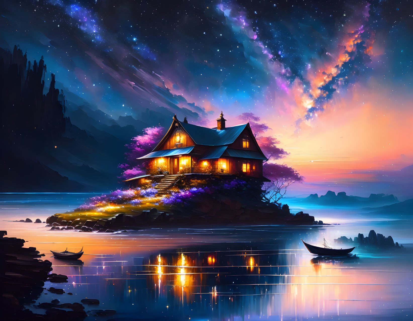 Illuminated Cottage on Lakeshore with Starry Night Sky