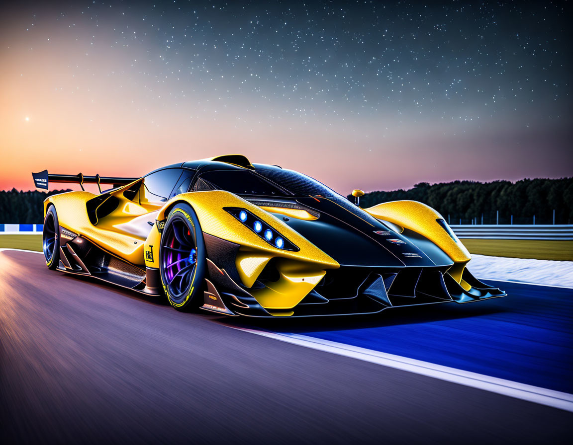 Yellow Sports Car with Aerodynamic Design on Racetrack at Dusk