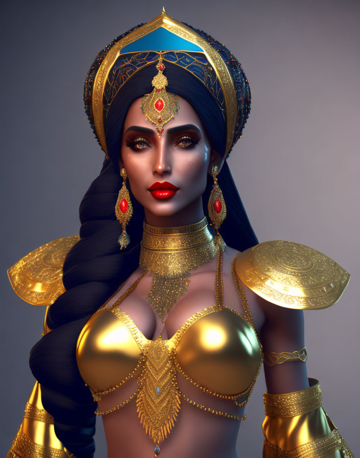 Stylized image of woman with exotic makeup and jewelry and golden headdress, earrings, and intricate