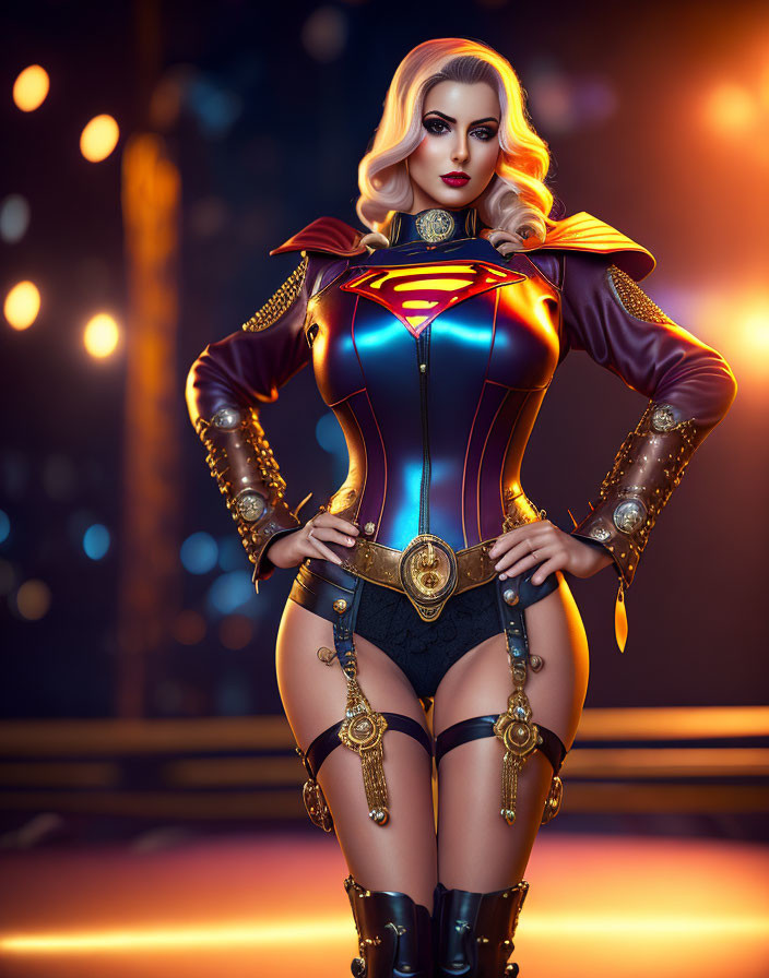 Female superhero illustration in Superman-like costume against city backdrop