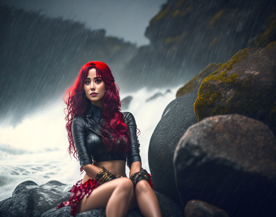 Red-haired woman in black leather outfit on rocky shore with stormy seas and rain