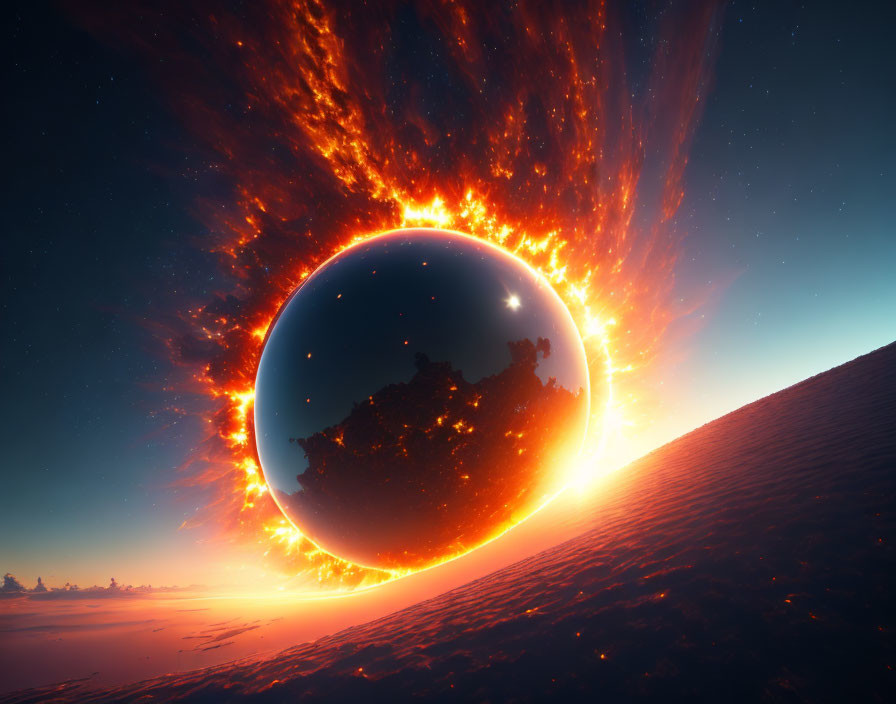 Celestial event with fiery sphere and lava textures in sunset sky