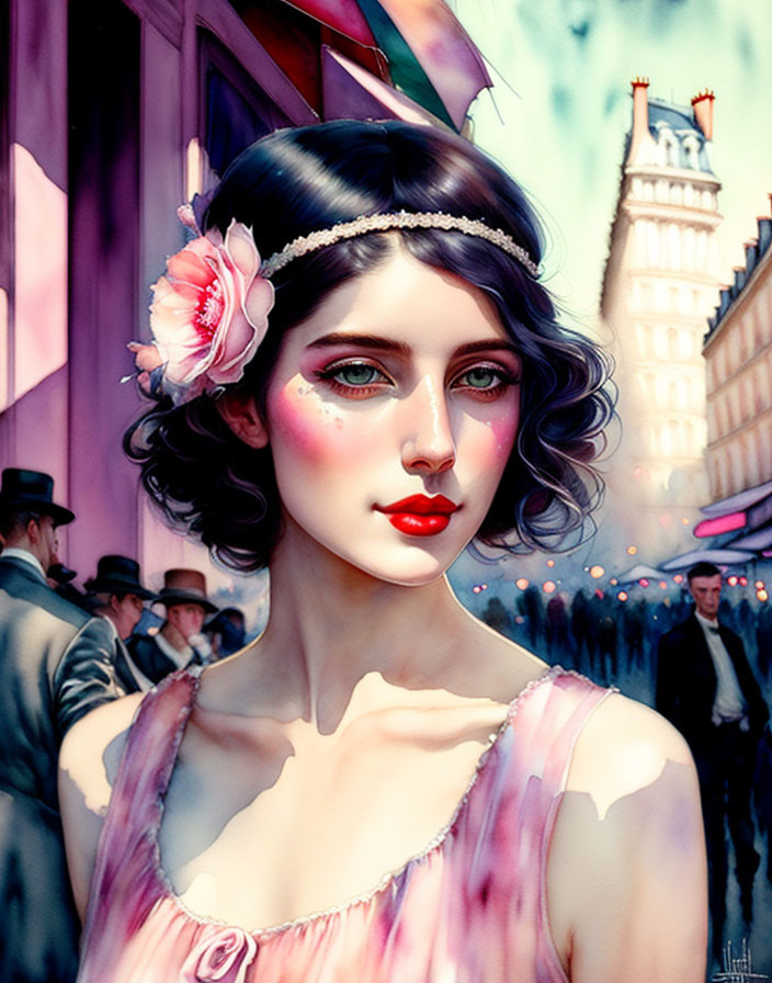 Digital painting: Woman with black hair, pink flower, vibrant makeup in urban street scene.