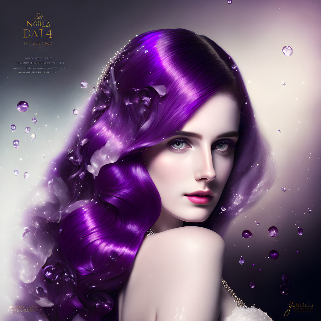 Purple-haired woman in digital art with water droplets on dark background