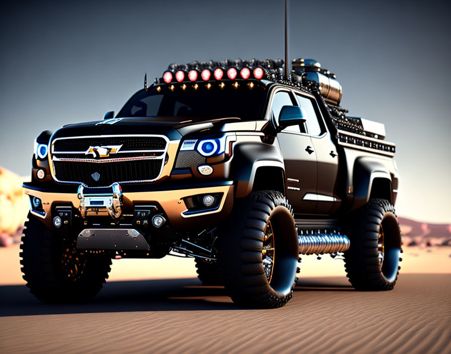 Black Off-Road Pickup Truck with Roof Rack and Large Tires in Desert