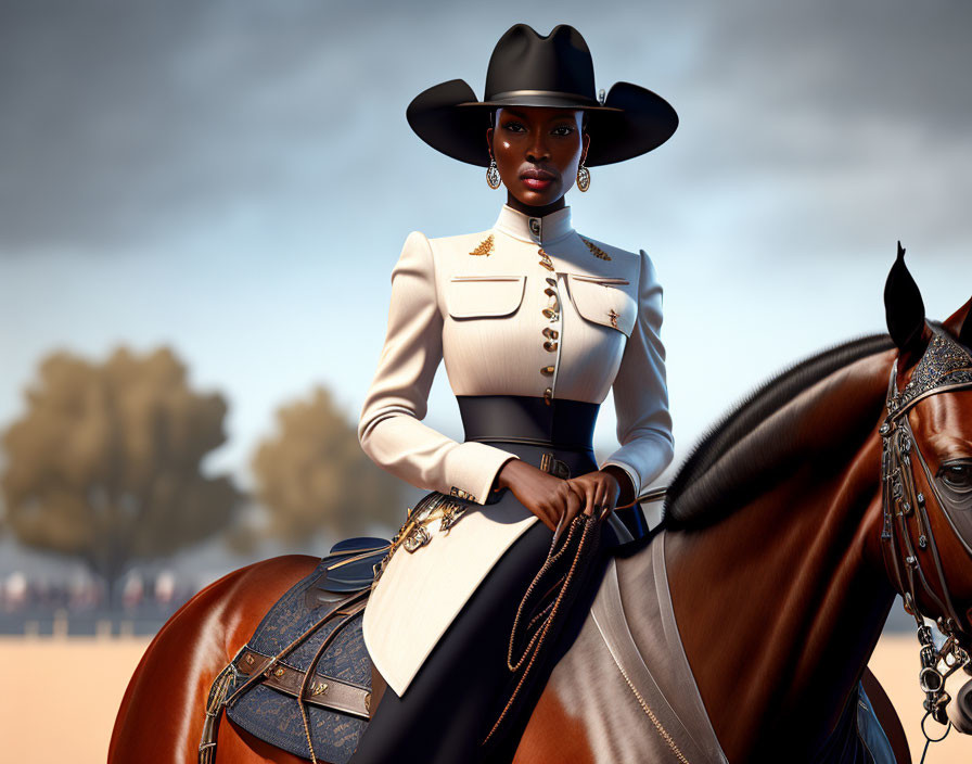 Stylish woman in black hat and white jacket riding horse with trees in soft-focus background