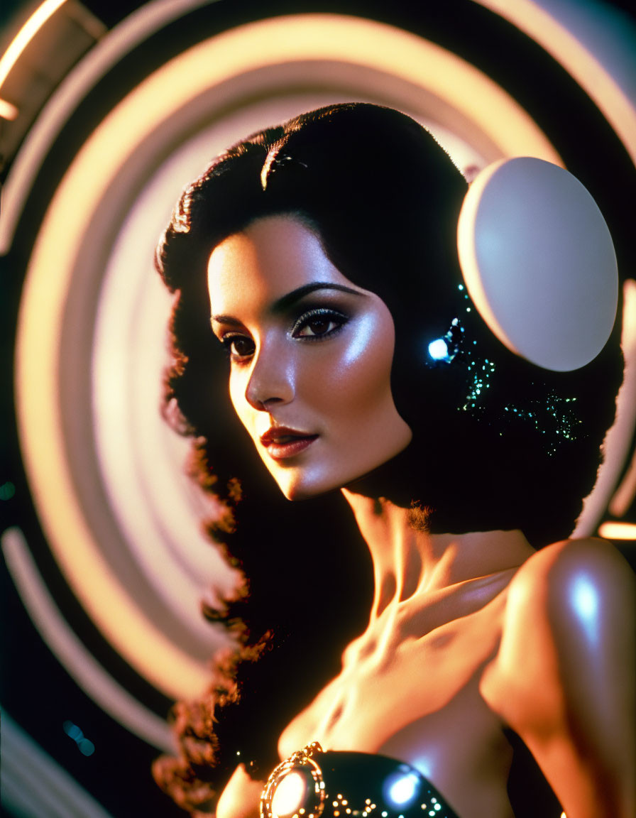 Dark-haired woman with striking makeup in front of concentric circles and sequined attire.