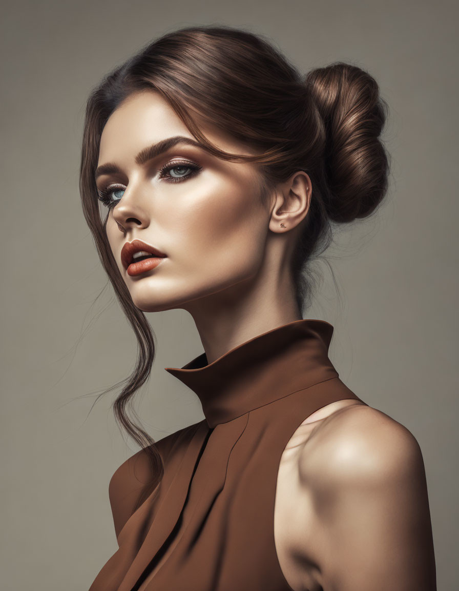 Woman with sleek bun hairstyle in brown high-collar sleeveless top