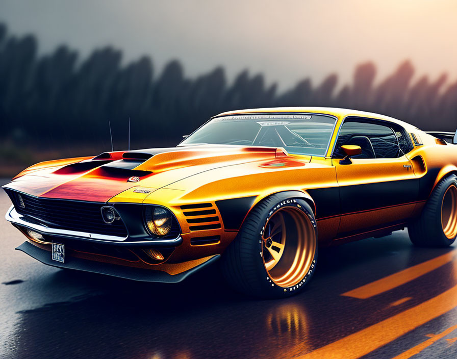 Classic Muscle Car with Orange and Black Stripes on Road at Sunset