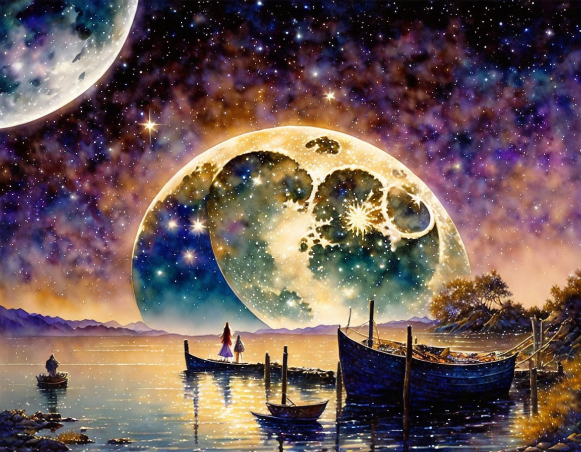 Night scene: two boats on calm water with figure, starry sky, and large moon