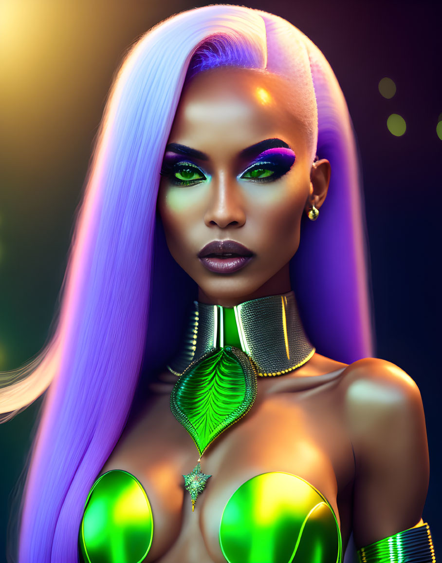 Stylized portrait of woman with purple hair and green eyeshadow