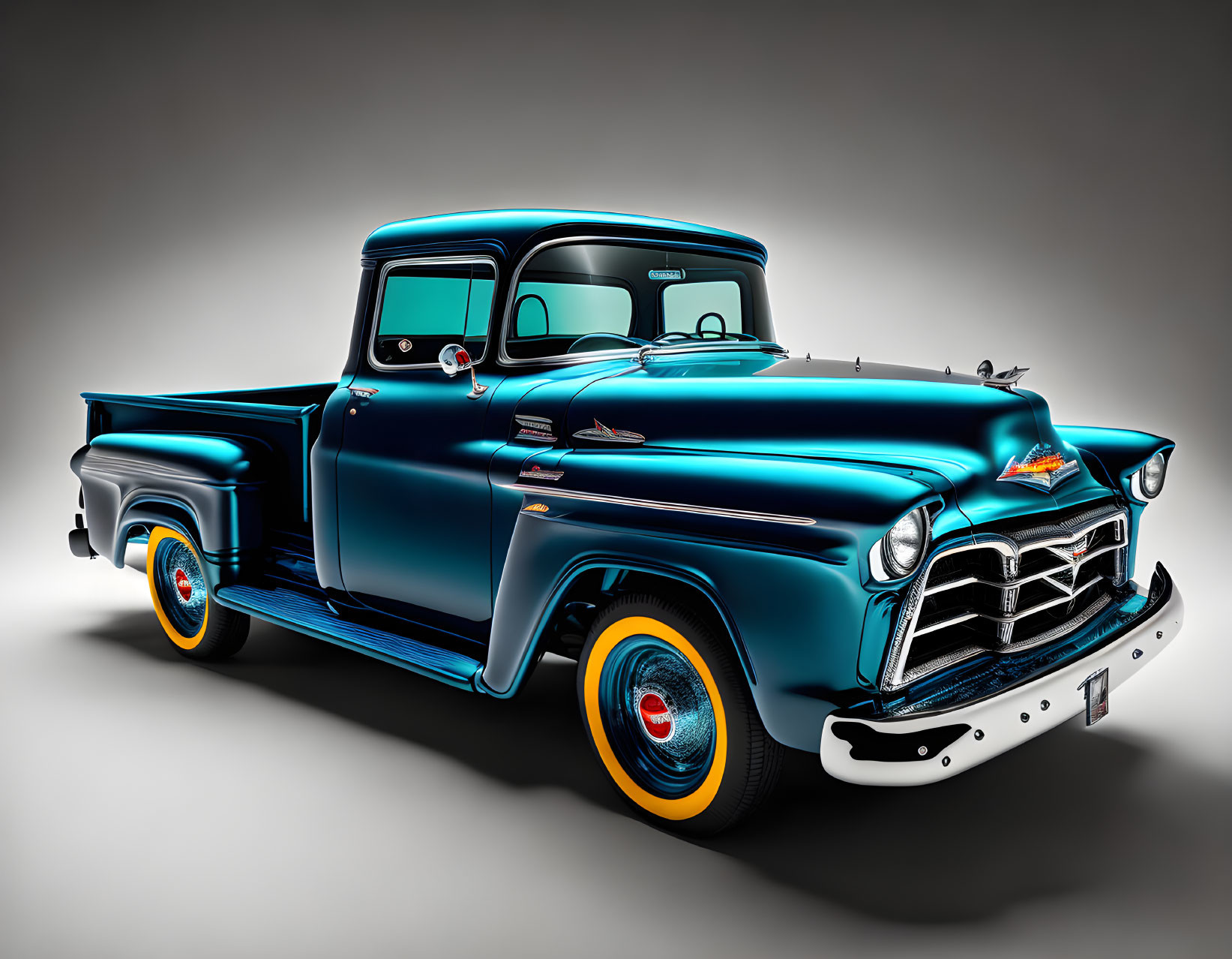 Vintage Blue Pickup Truck with Orange-Rimmed Tires on Grey Background