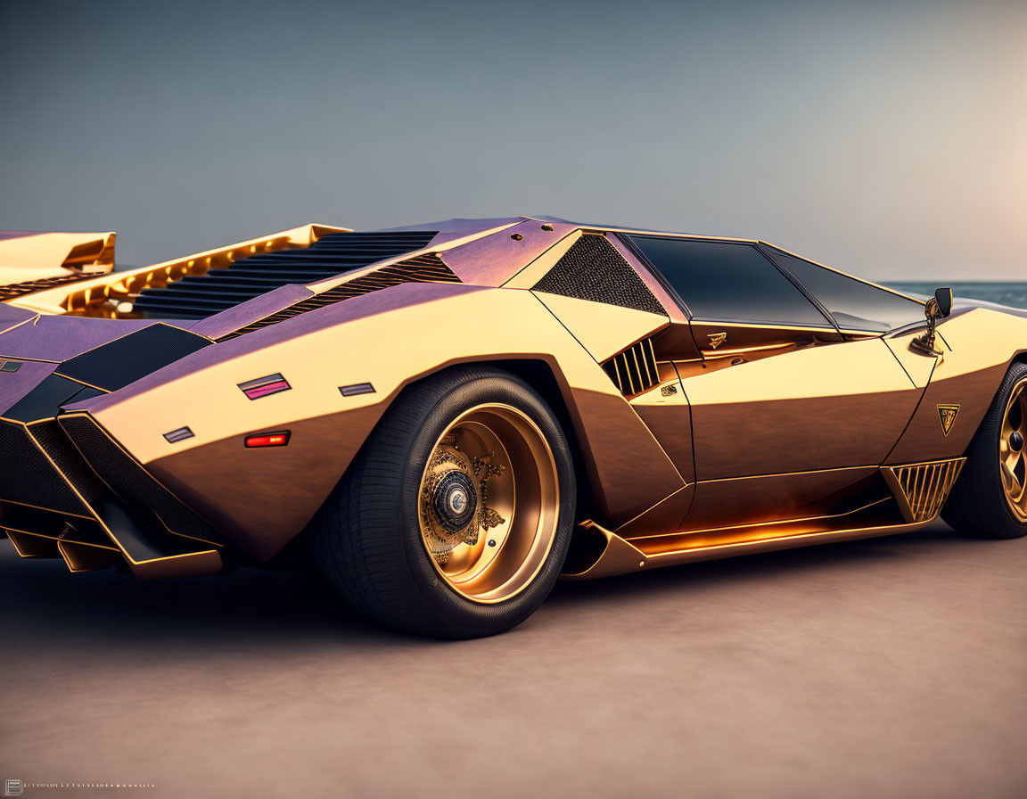 Golden Lamborghini: Retro-Futuristic Design with Angular Lines