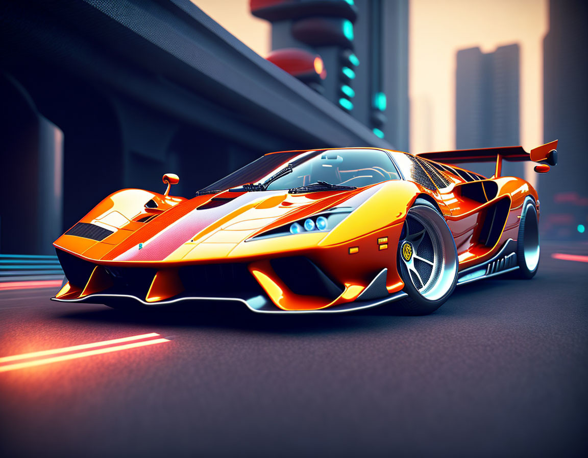 Sleek Orange Sports Car with Racing Stripes in Futuristic City Street