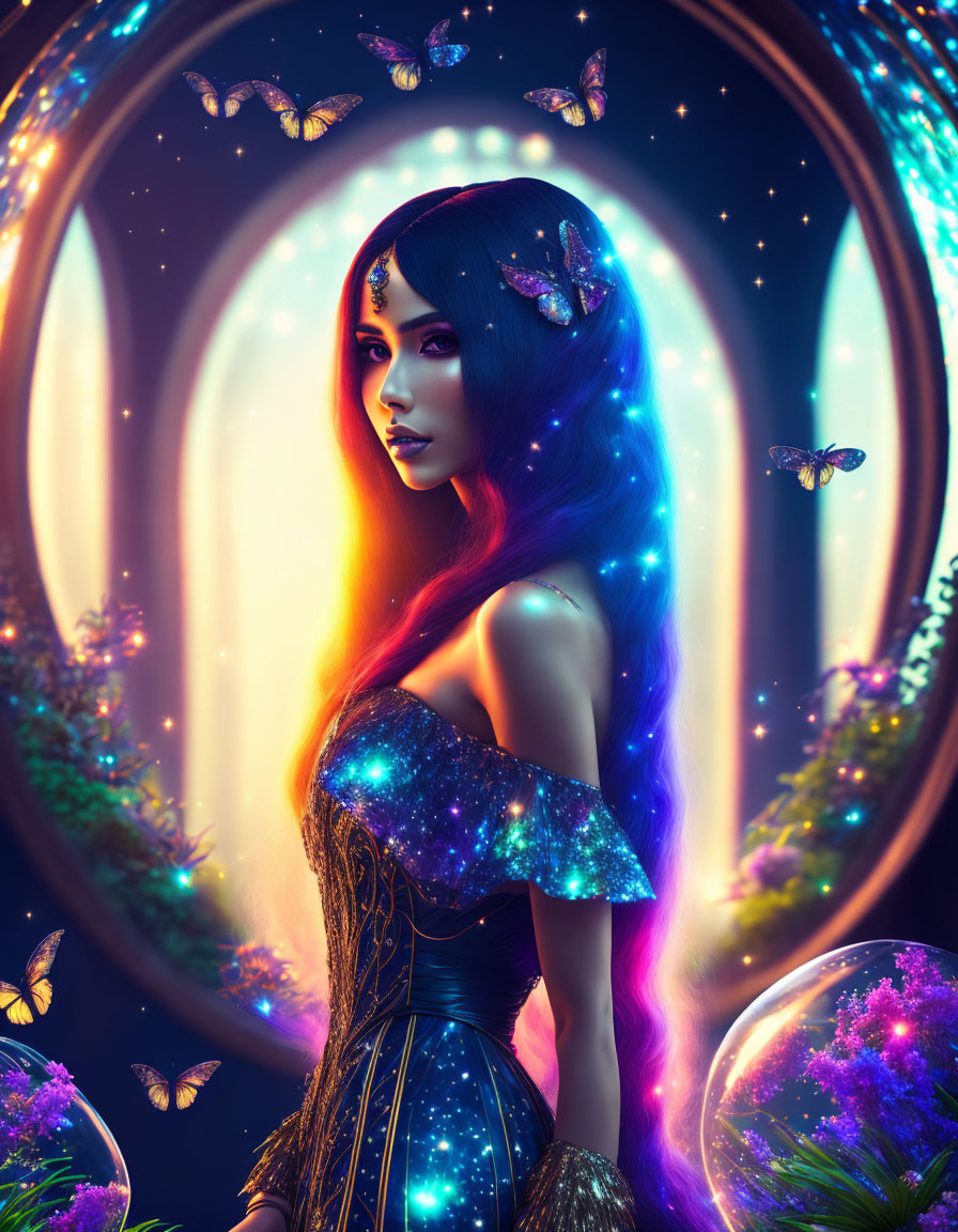 Fantasy portrait of woman with galaxy-themed hair and attire and glowing butterflies in cosmic setting