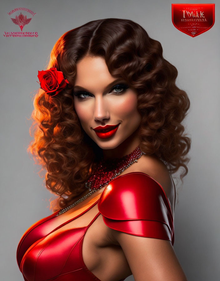 Woman with Red Lipstick and Rose in Wavy Hair, Glamorous Retro Look